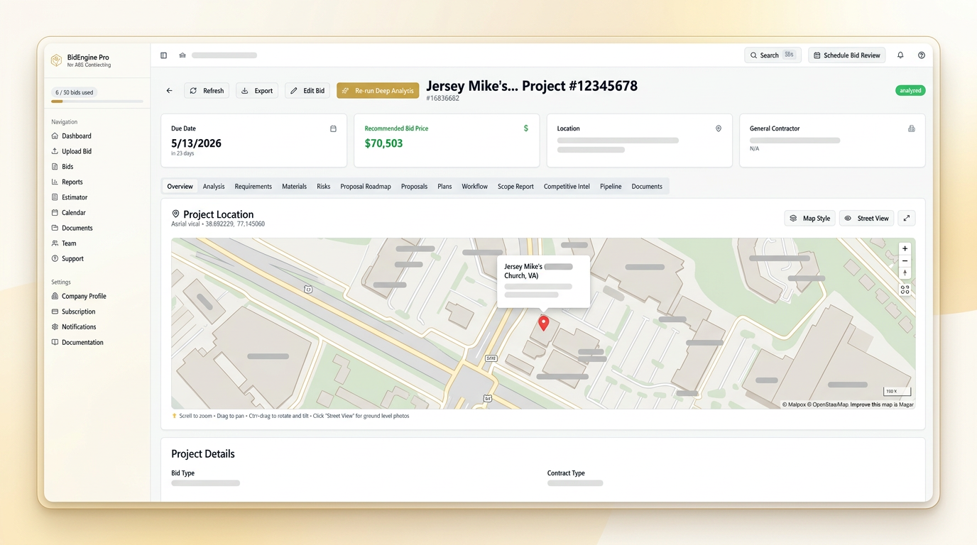 BidEngine bid detail view with recommended bid price, due date, and project location