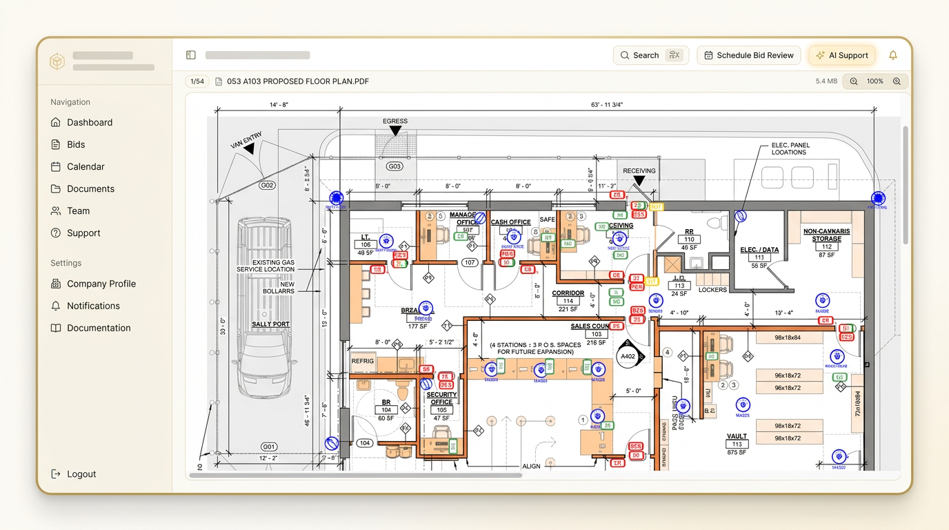 Client portal plan viewer showing a marked-up proposed floor plan