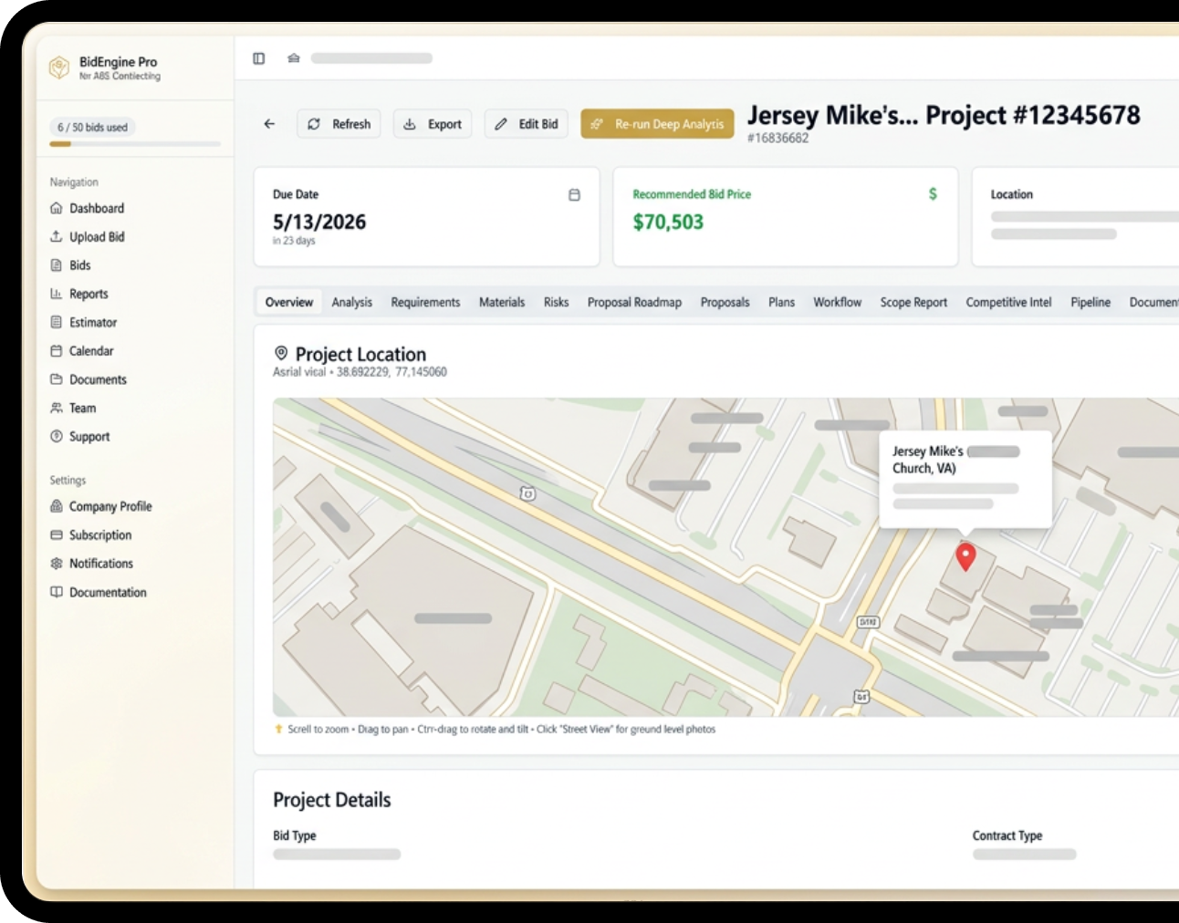 BidEngine project detail showing bid due date, recommended bid price and project location for a live construction bid