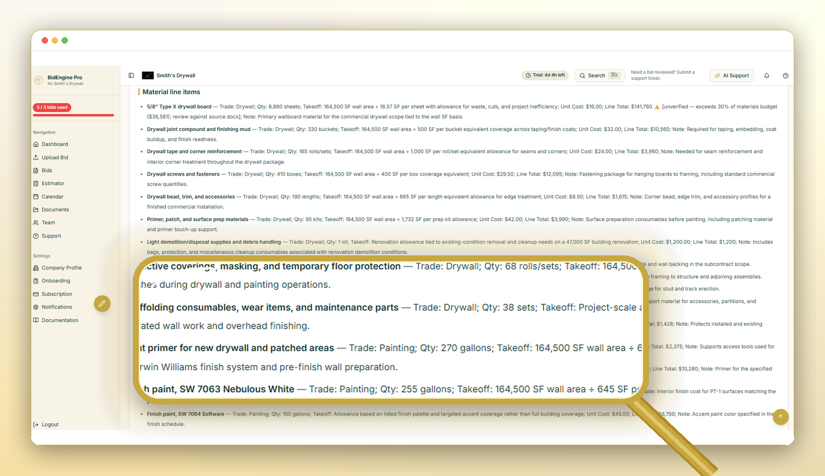 Client portal material line items list with quantities, unit costs, and line totals