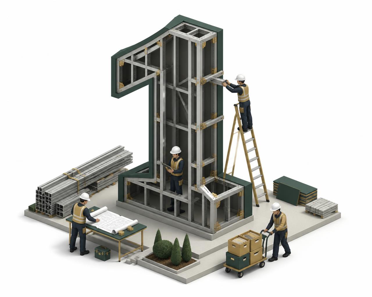 Illustration of the number one built as a steel frame with workers reviewing plans and setting up
