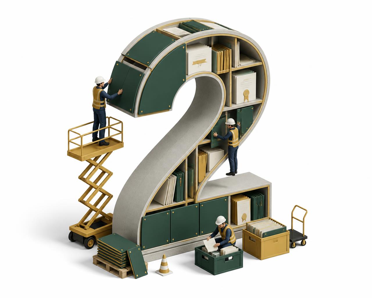 Illustration of the number two being filled with company documents, certifications and profile panels