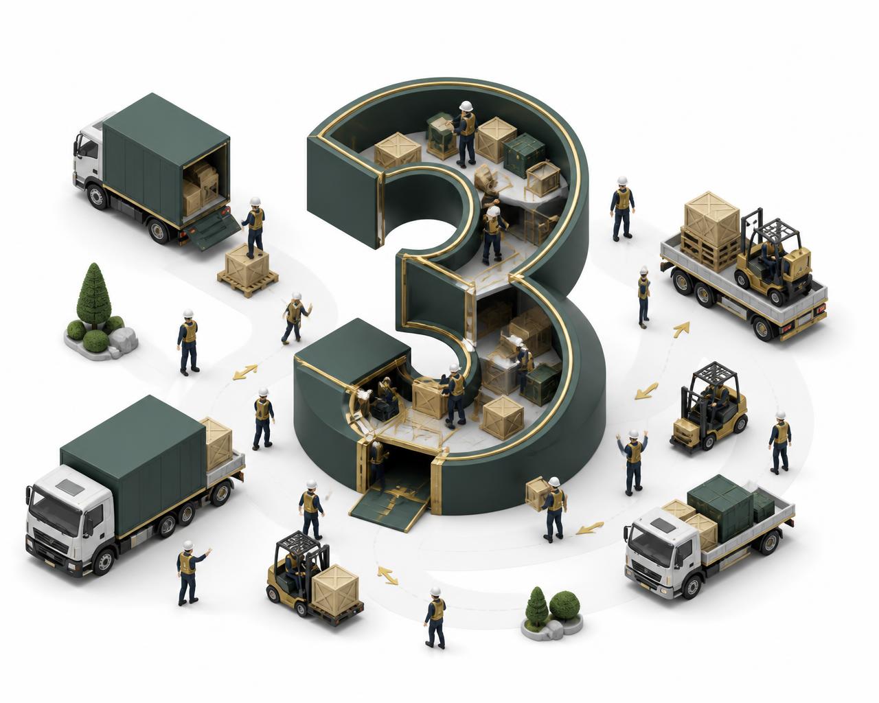 Illustration of the number three as a hub receiving deliveries of opportunities from many sources