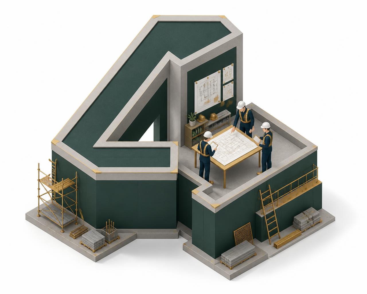 Illustration of workers reviewing a blueprint inside the number four to decide go or no-go