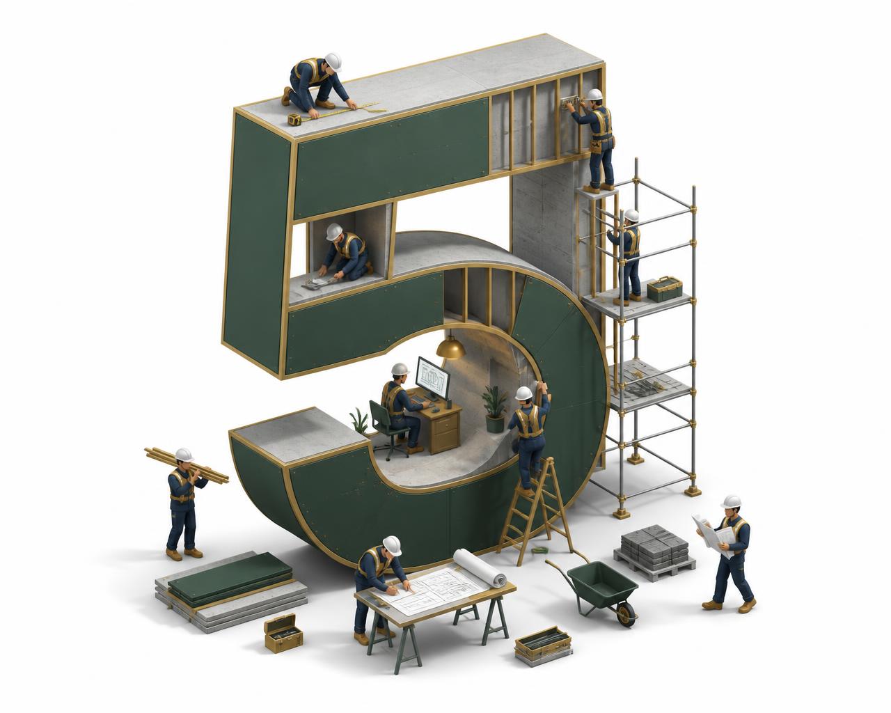 Illustration of workers actively building the number five, measuring and preparing estimates