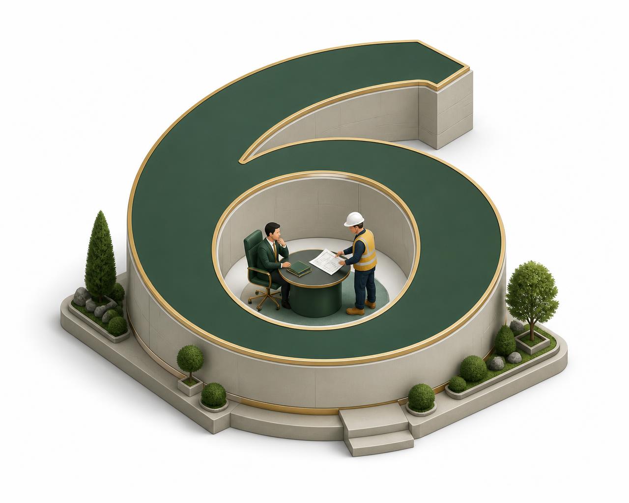 Illustration of an owner reviewing and approving a proposal inside the number six