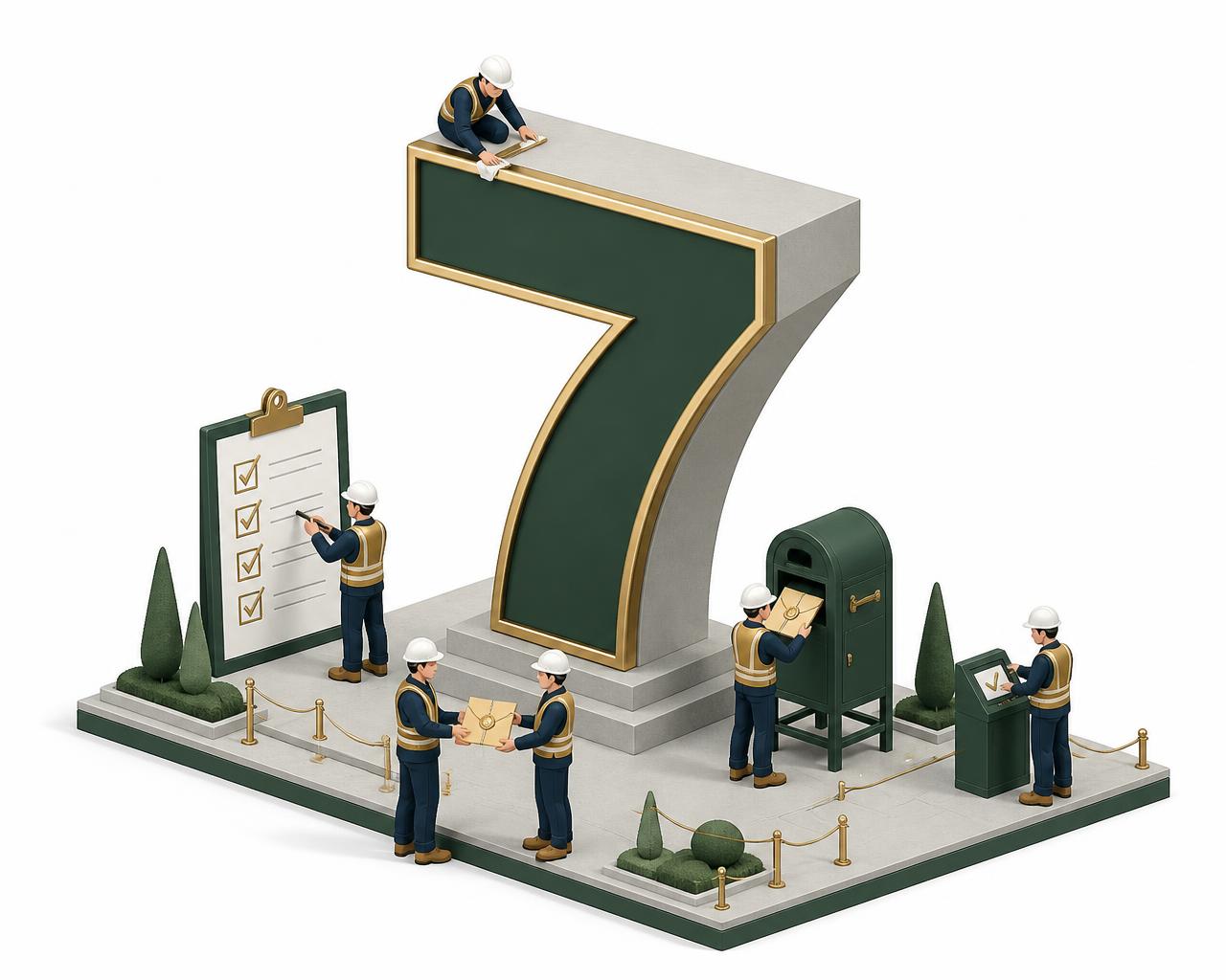 Illustration of workers running final checks and submitting the package at the number seven